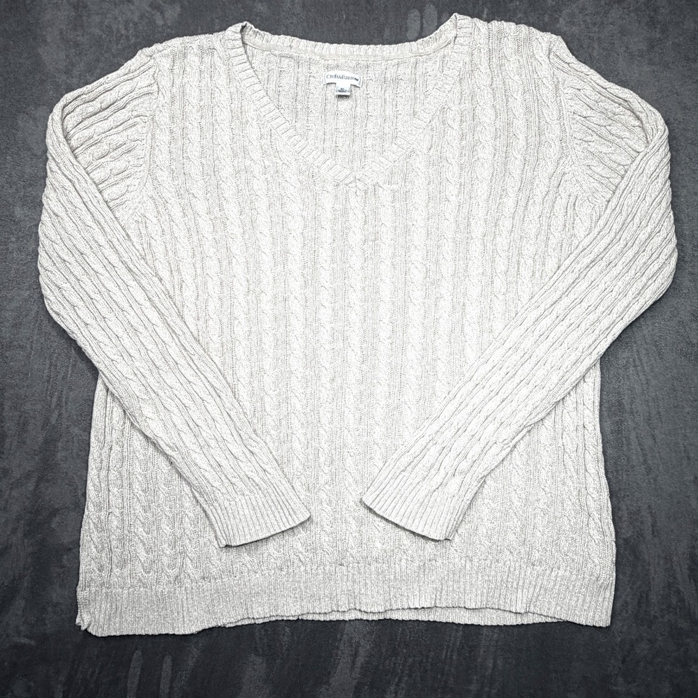 Vtg Croft & Barrow Sweater Women XL Beige 100% Cotton Cable Knit V-Neck Nautical